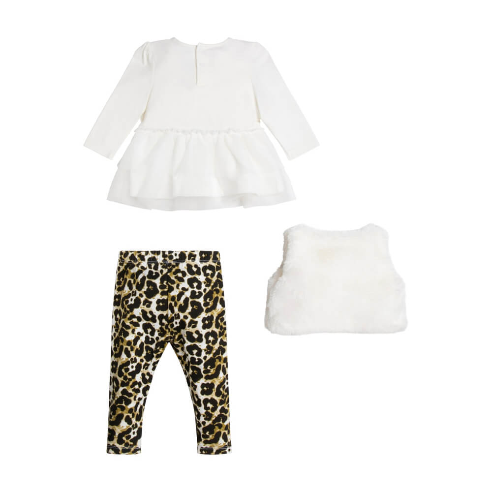 Guess Baby Girls White & Multi-colour Dress (ft. Heart Design) With Leopard Leggings And Vest Combo Set