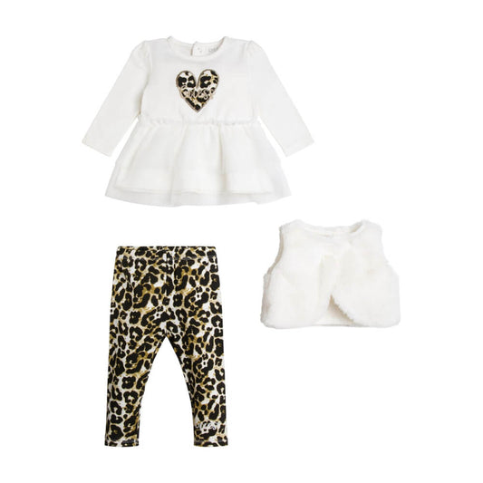 Guess Baby Girls White & Multi-colour Dress (ft. Heart Design) With Leopard Leggings And Vest Combo Set