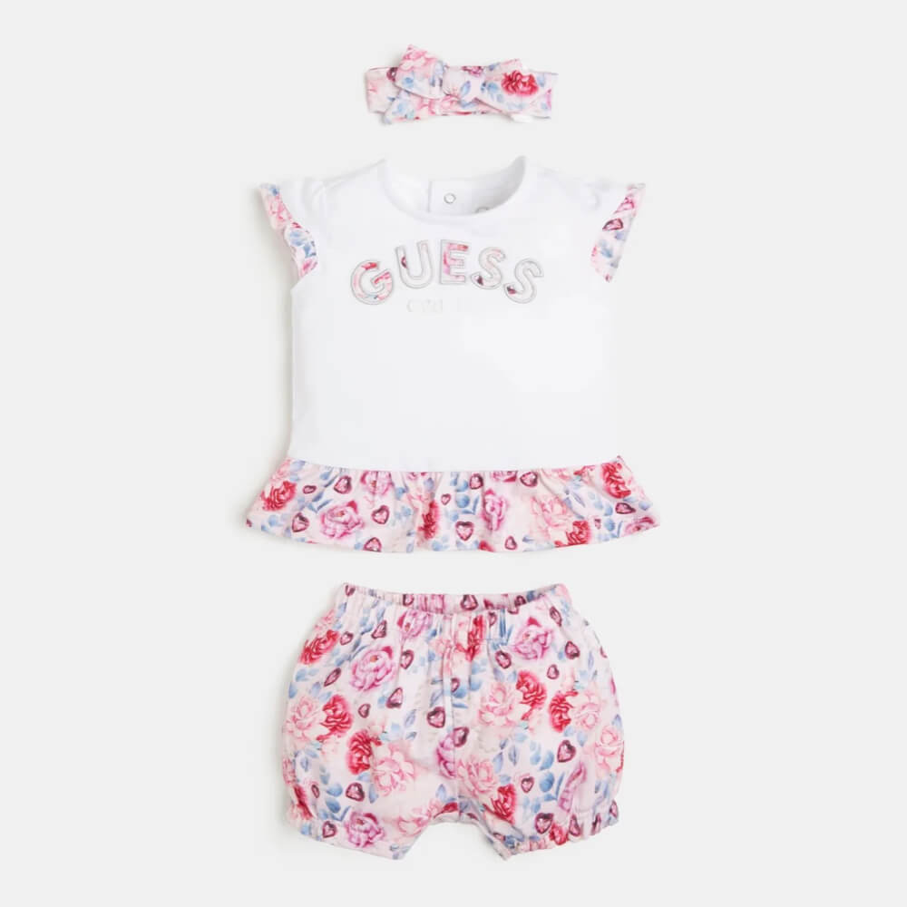 Guess Baby Girls White & Pink Headband T-Shirt And Shorts Combo Set