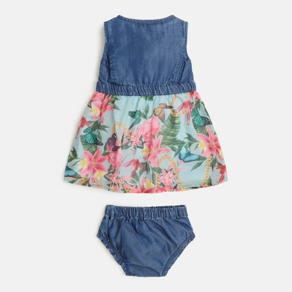 Guess Baby Girls Blue & Multi-colour Mix Fabric Sl Dress With Panties