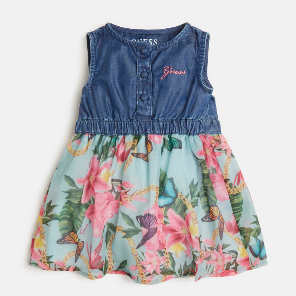 Guess Baby Girls Blue & Multi-colour Mix Fabric Sl Dress With Panties