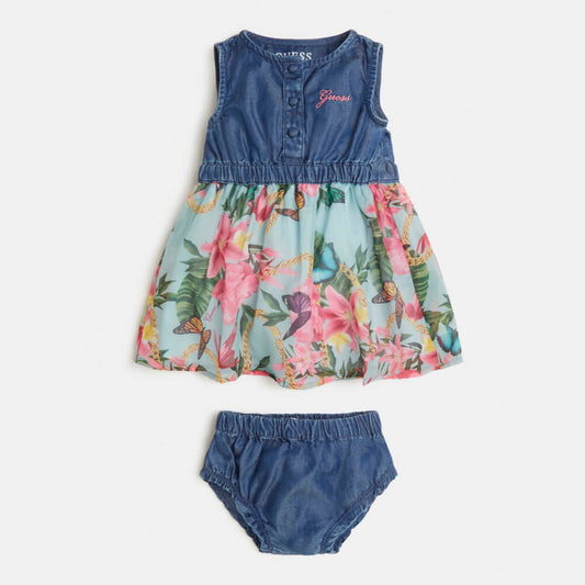 Guess Baby Girls Blue & Multi-colour Mix Fabric Sl Dress With Panties