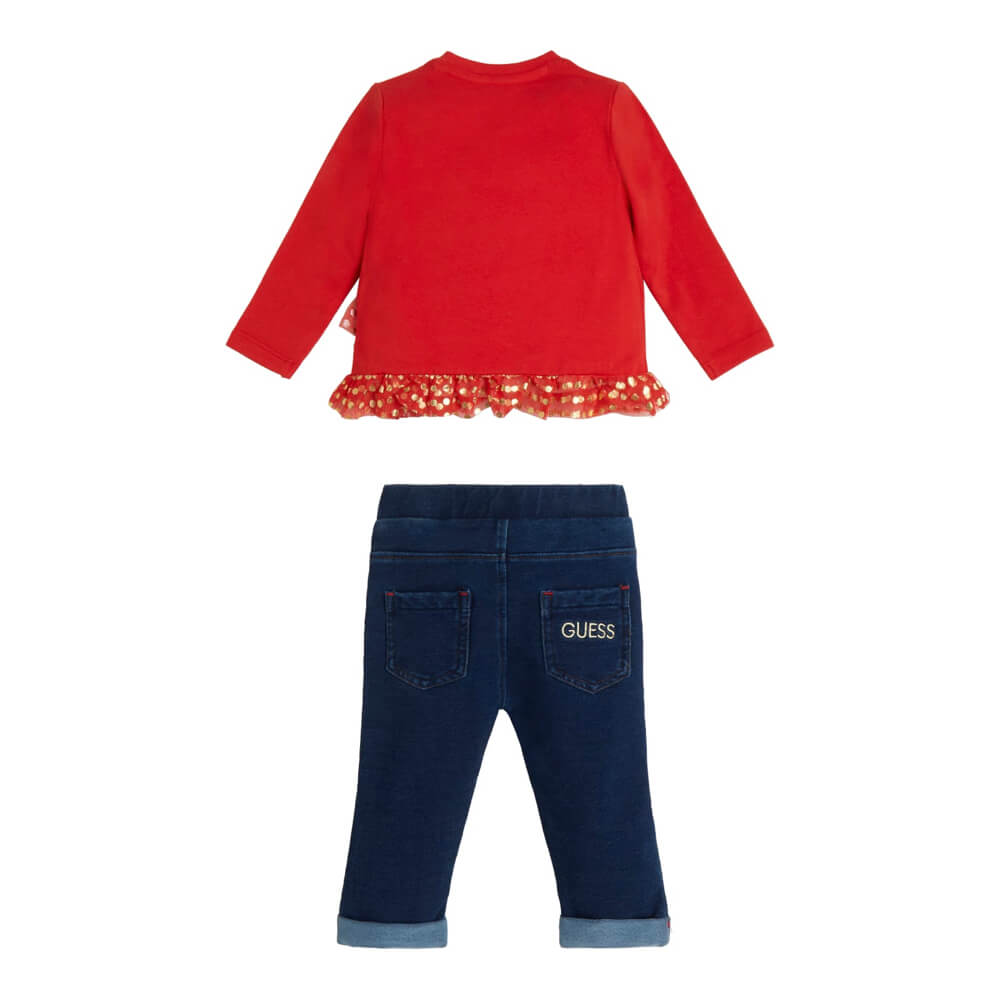 Guess Baby Girls Red & Navy Logo Top With Jeans Combo Set