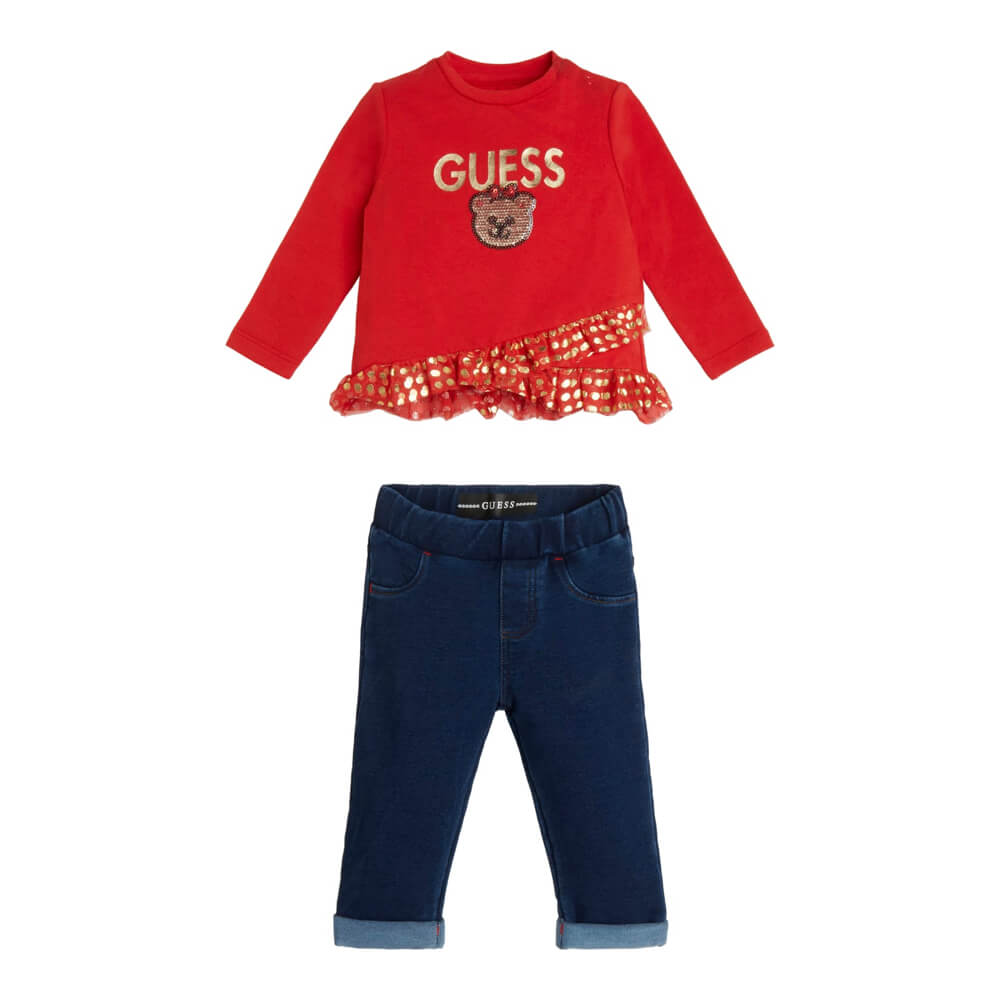 Guess Baby Girls Red & Navy Logo Top With Jeans Combo Set