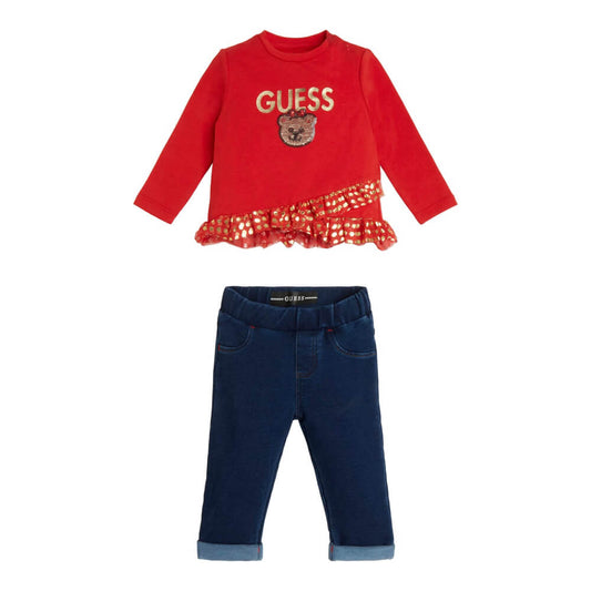 Guess Baby Girls Red & Navy Logo Top With Jeans Combo Set