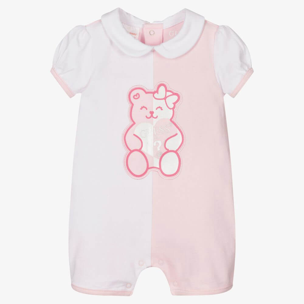 Guess Baby Girls White Pink Combo Stretch Piquet Shortie Babysuit With Teddy Design