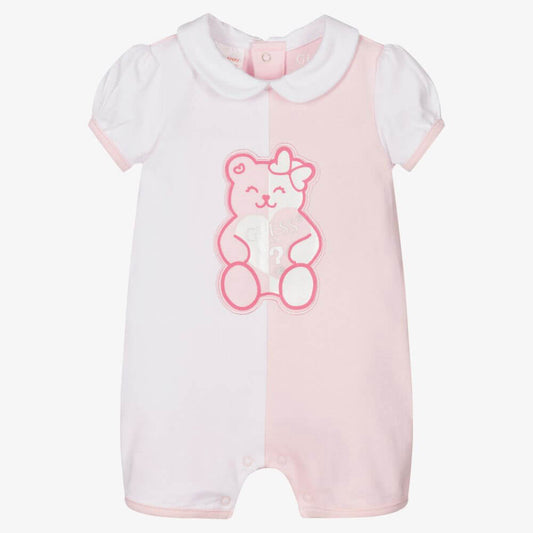 Guess Baby Girls White Pink Combo Stretch Piquet Shortie Babysuit With Teddy Design