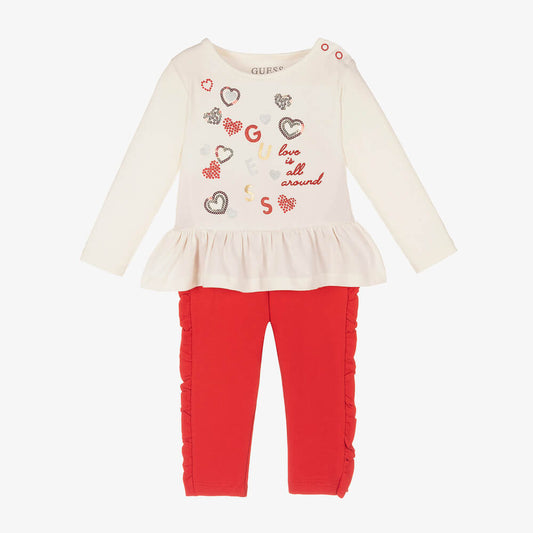 Guess Baby Girls Ivory & Red T-Shirt With Trouser Combo Set