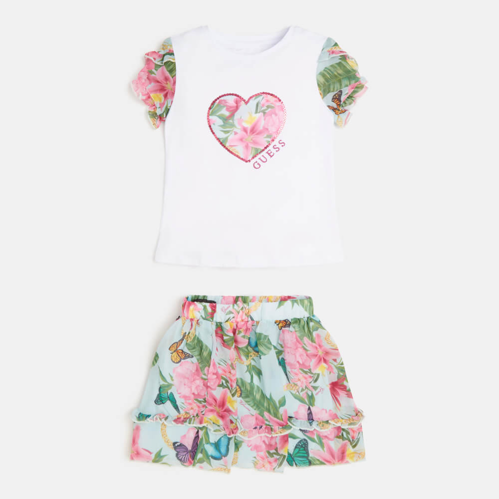 Guess Girls Multi & White Flower T-Shirt And Skirt Combo Set
