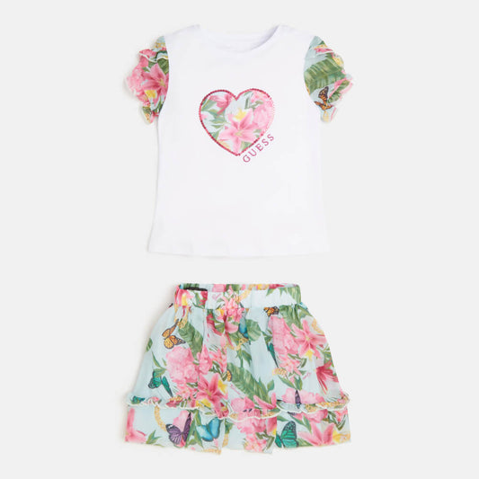 Guess Girls Multi & White Flower T-Shirt And Skirt Combo Set