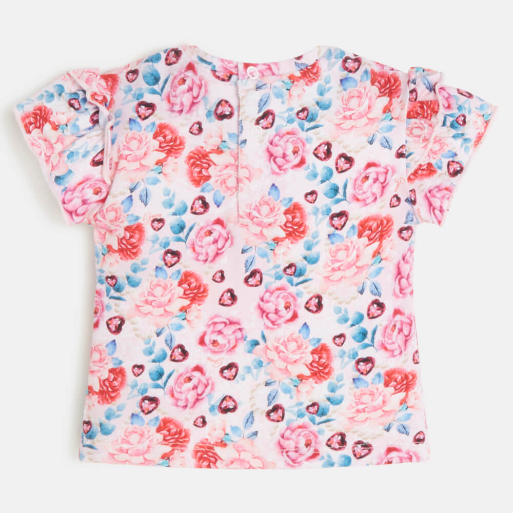Guess Girls Flower Pink Print Flower T-Shirt With Triangle Logo