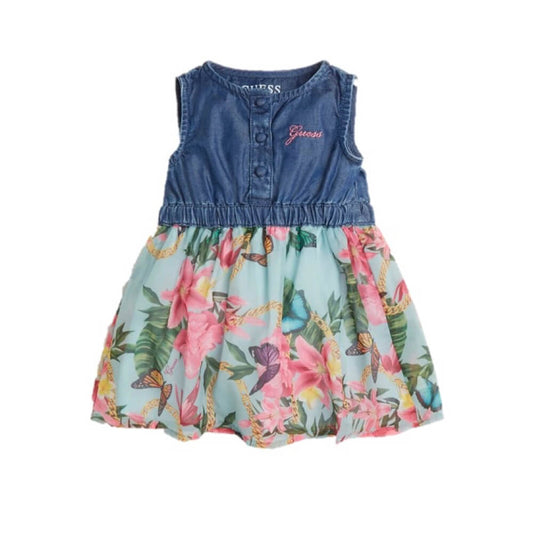 Guess Girls Multi & Blue Mixed Fabric Dress With Flower Pattern