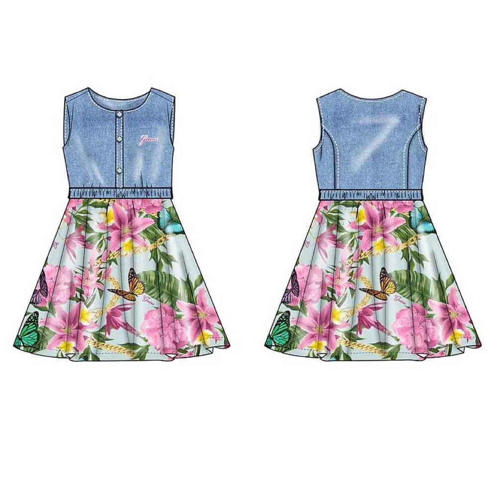 Guess Girls Multi & Blue Mixed Fabric Dress With Flower Pattern