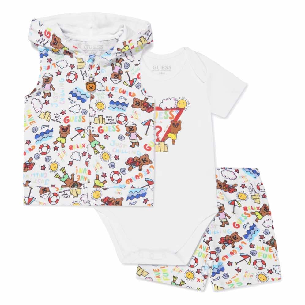 Guess Unisex White Hooded Vest Babysuit and Shorts Combo Set