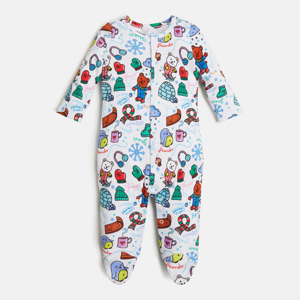 Guess Unisex White & Multi-colour Babysuit With Patterns