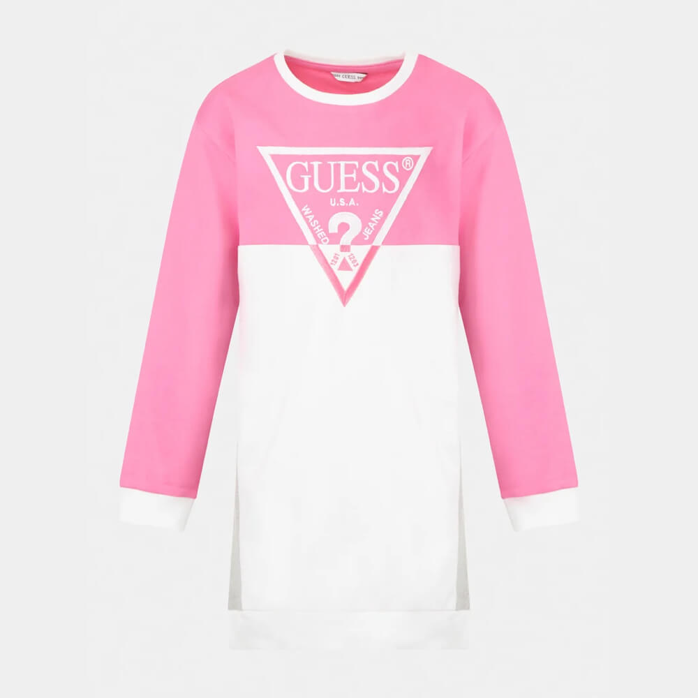 Guess Girls White & Pink With Triangle Guess Logo Long Sleeve Dress