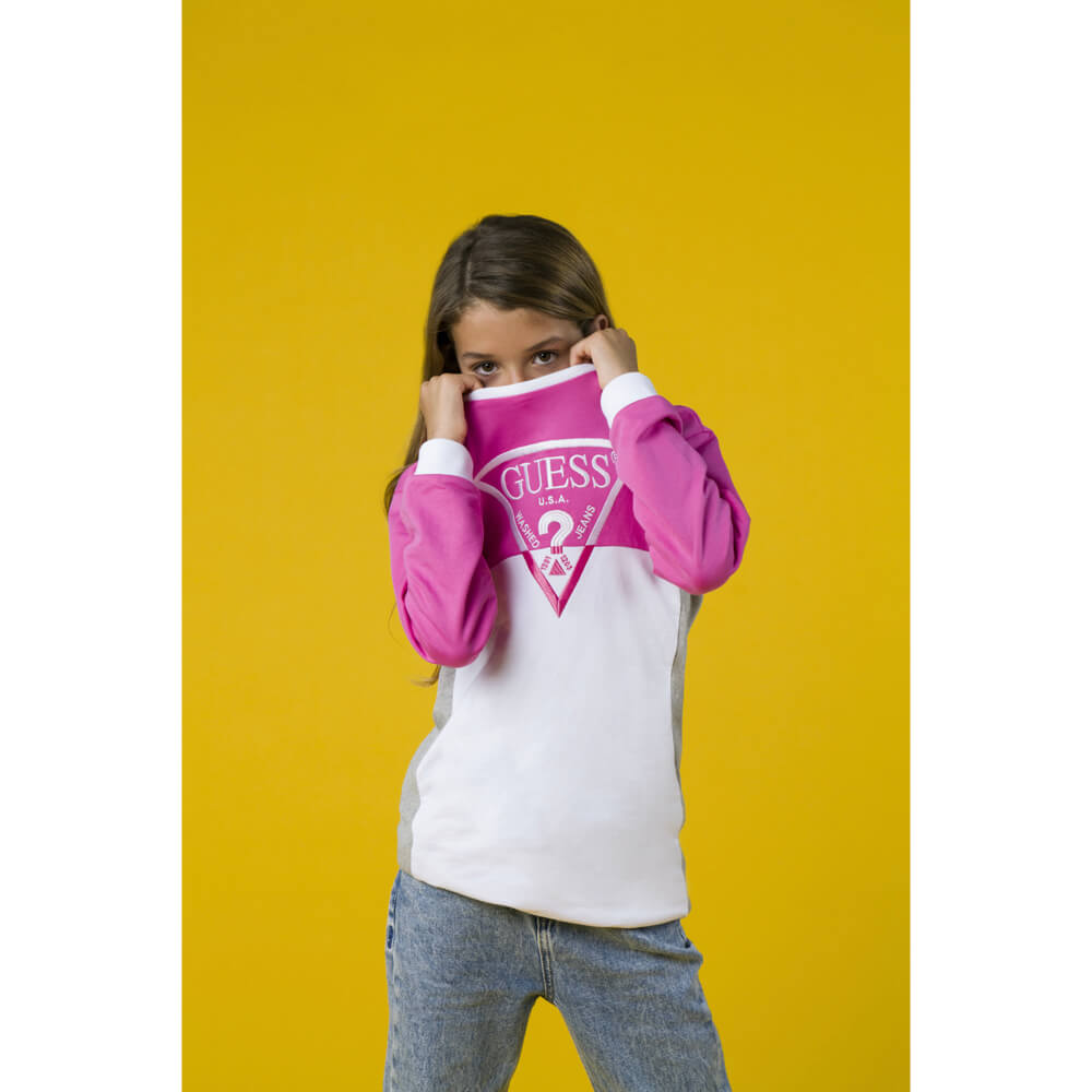 Guess Girls White & Pink With Triangle Guess Logo Long Sleeve Dress
