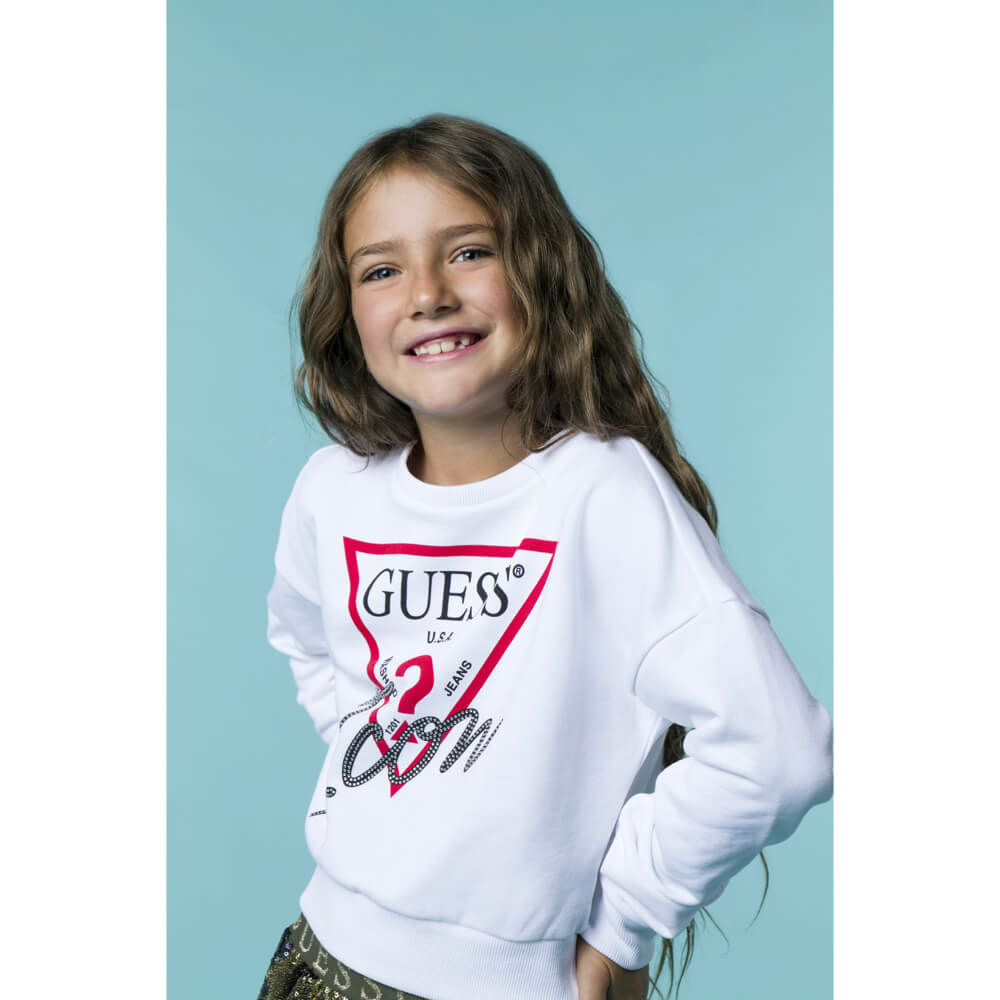 Guess Girls White Cotton With Guess Logo Sweater