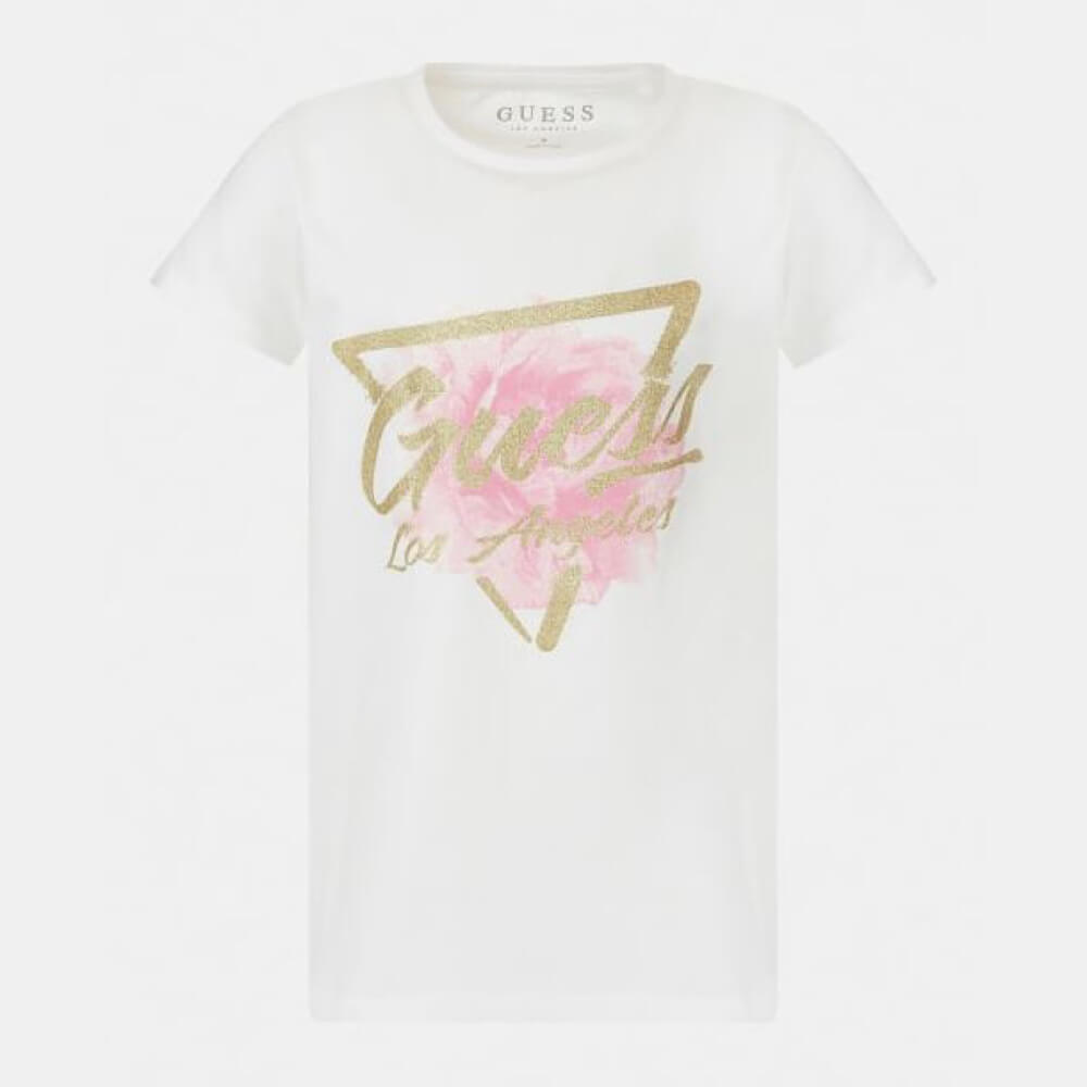 Guess Girls White Cotton With Glitter Guess Logo T-Shirt