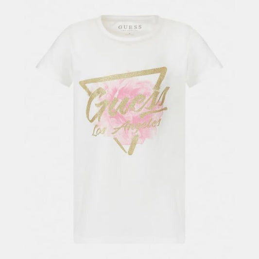 Guess Girls White Cotton With Glitter Guess Logo T-Shirt