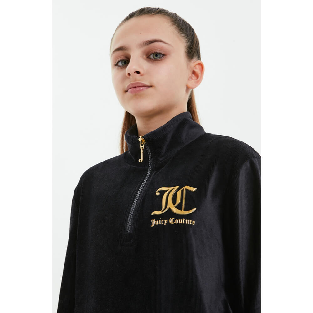 Juicy Couture Girls Black Corduroy Velour Quarter Zip Sweater