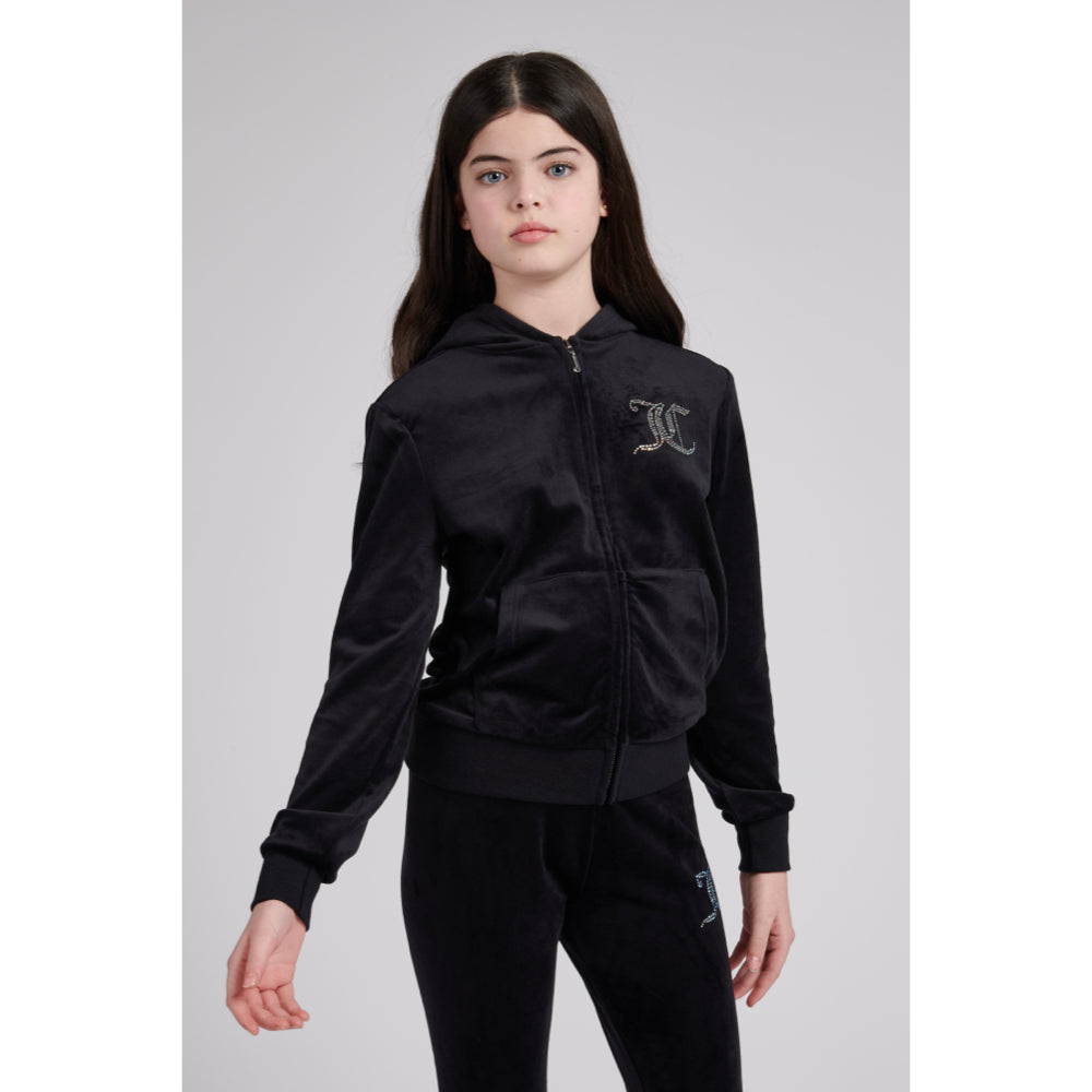 Juicy Couture Girls Black Diamante Velour Zip Hoodie