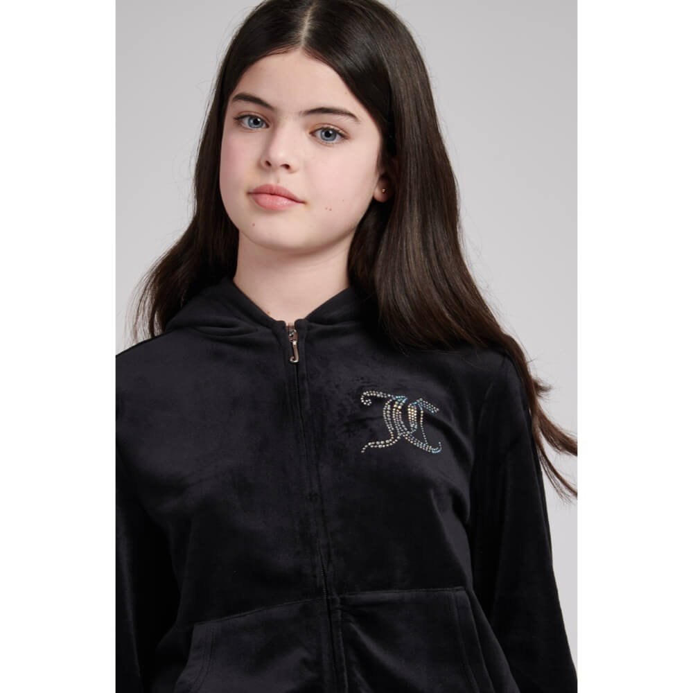 Juicy Couture Girls Black Diamante Velour Zip Hoodie