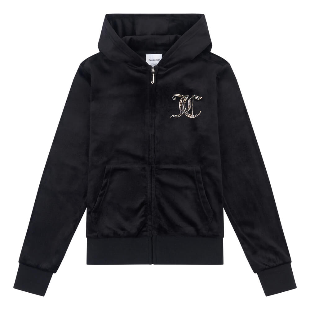 Juicy Couture Girls Black Diamante Velour Zip Hoodie