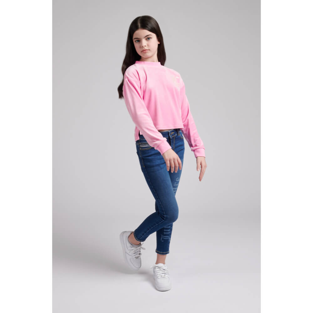 Juicy Couture Girls Pink Velour Step Hem Crew Sweatshirt