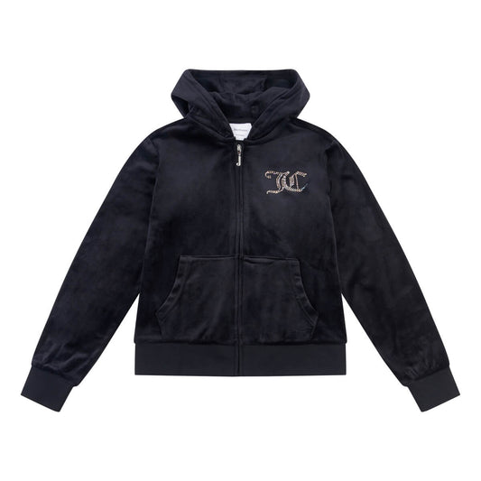Juicy Couture Girls Black Diamante Velour Zip Thru Hoodie