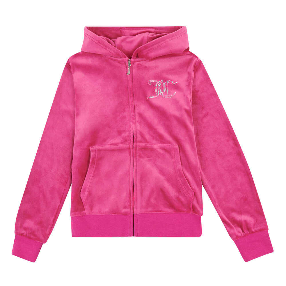 Juicy Couture Girls Pink Diamante Velour Zip Hoodie