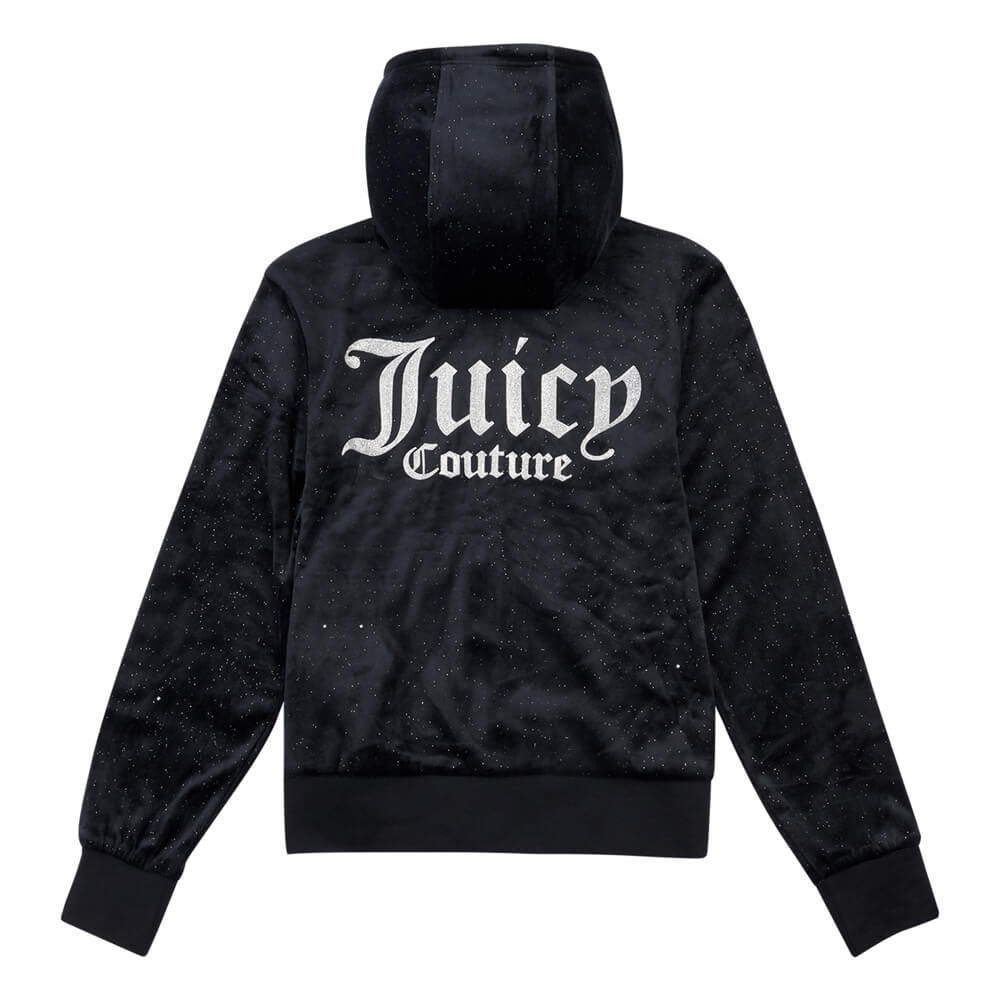 Juicy Couture Girls Black Glitter Stripe Velour Zip Thru Hoodie