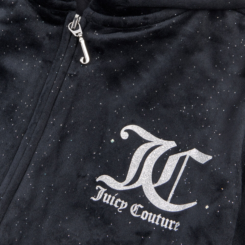 Juicy Couture Girls Black Glitter Stripe Velour Zip Thru Hoodie