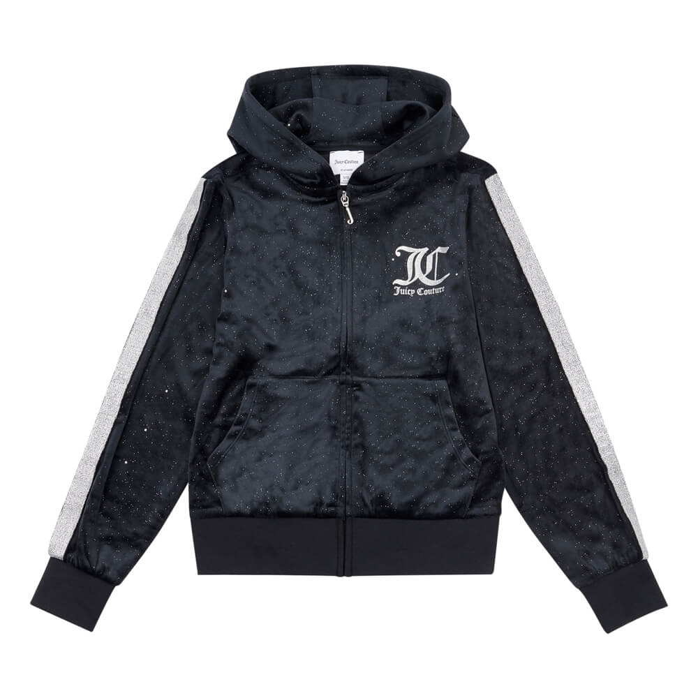 Juicy Couture Girls Black Glitter Stripe Velour Zip Thru Hoodie