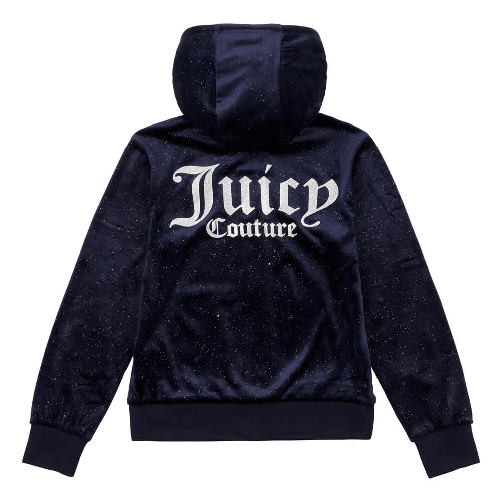 Juicy Couture Girls Navy Blue Glitter Velour Zip Through Hoodie