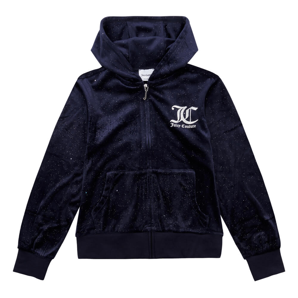 Juicy Couture Girls Navy Blue Glitter Velour Zip Through Hoodie