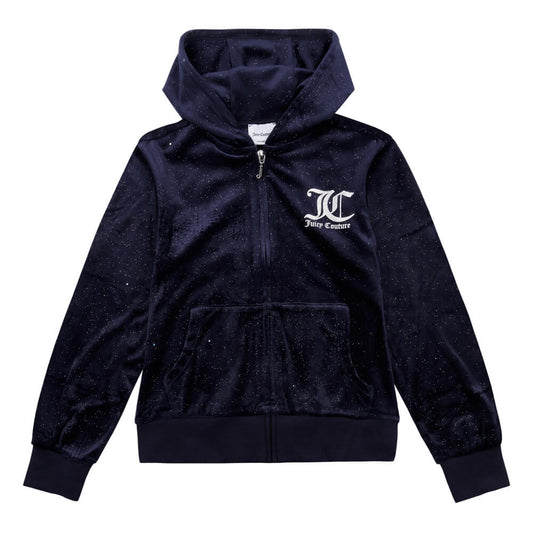 Juicy Couture Girls Navy Blue Glitter Velour Zip Through Hoodie