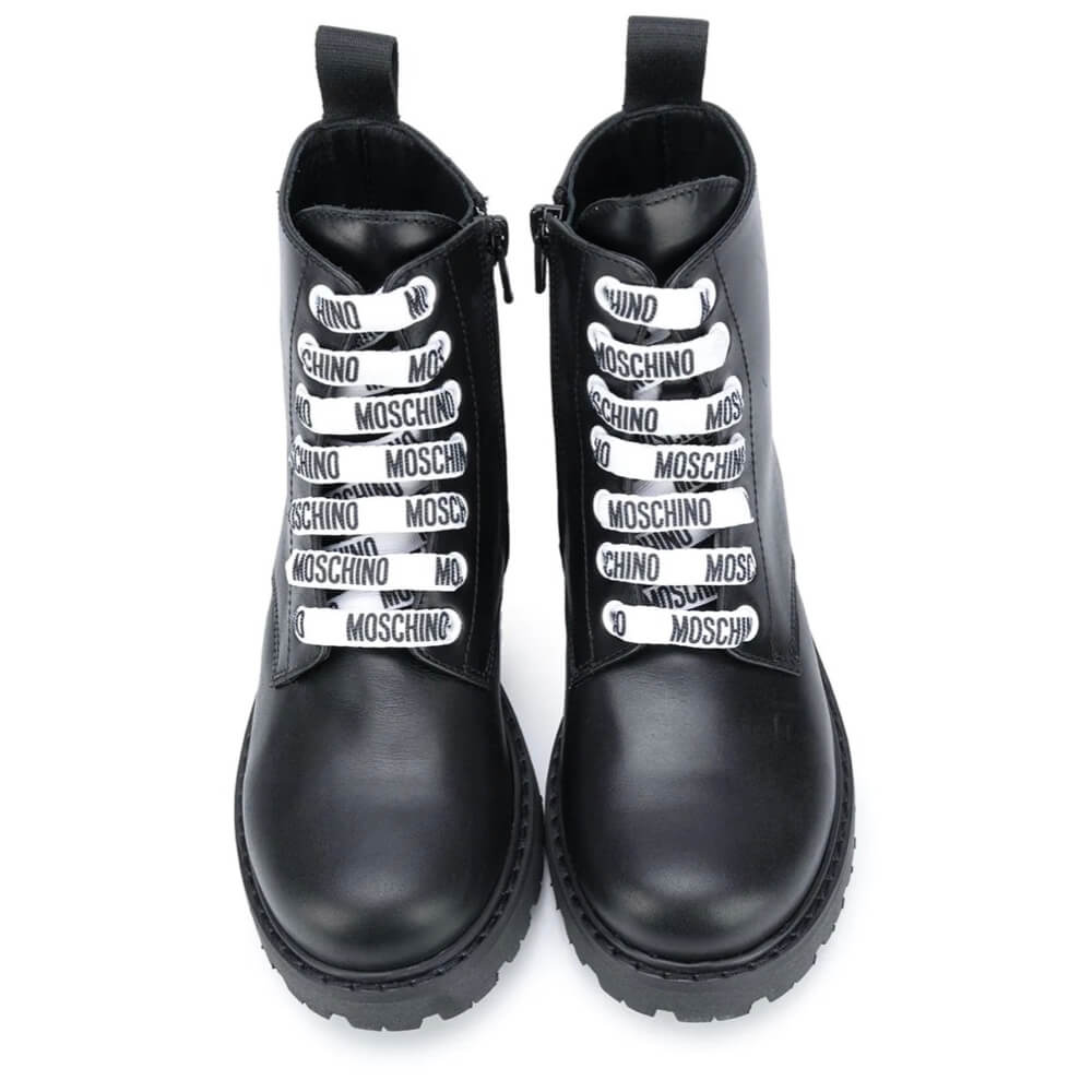 Moschino Unisex Black Ankle Boots With Laces And Rubber Logo Patch