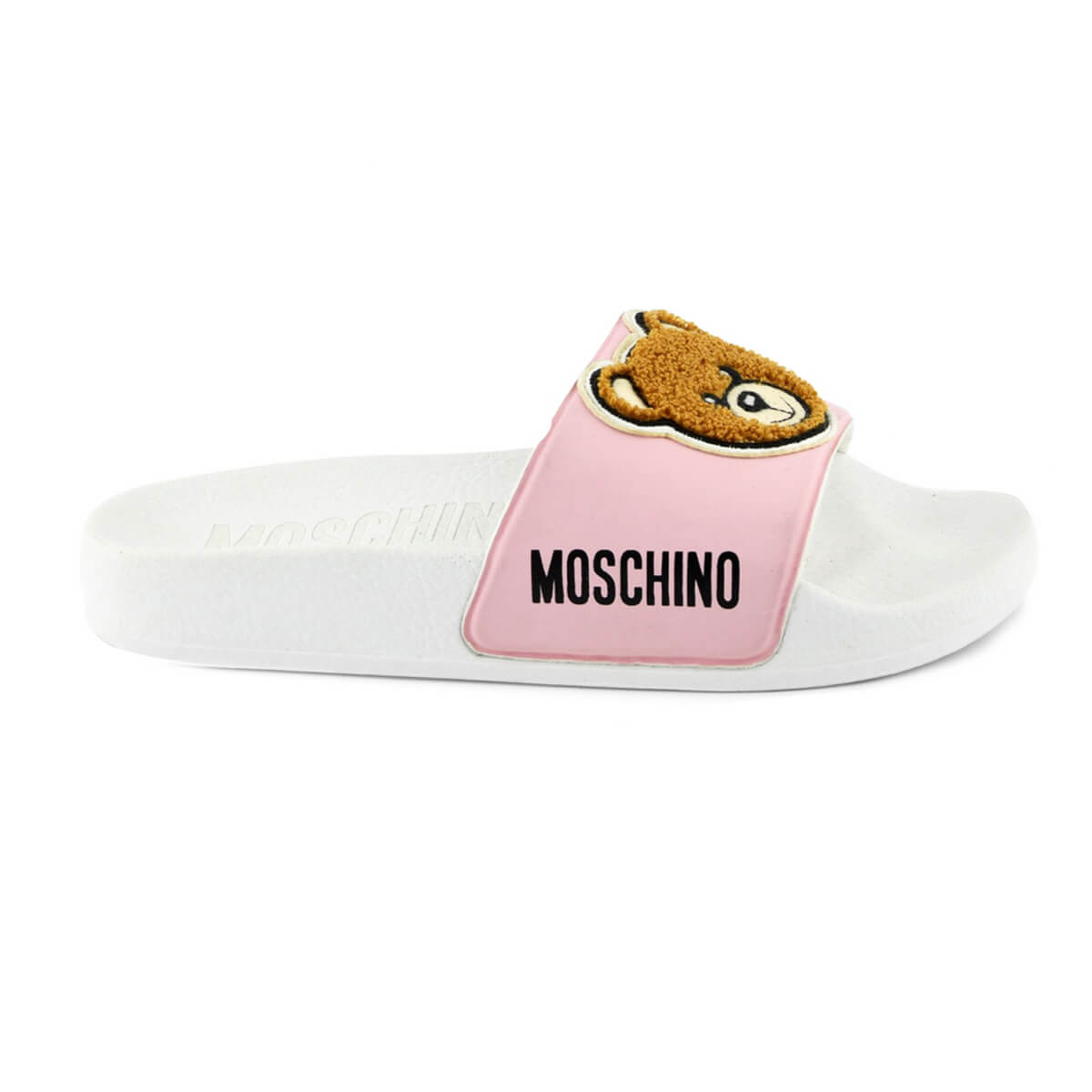 Moschino Girls Pink & White Pool Sliders Teddy Bear Patch