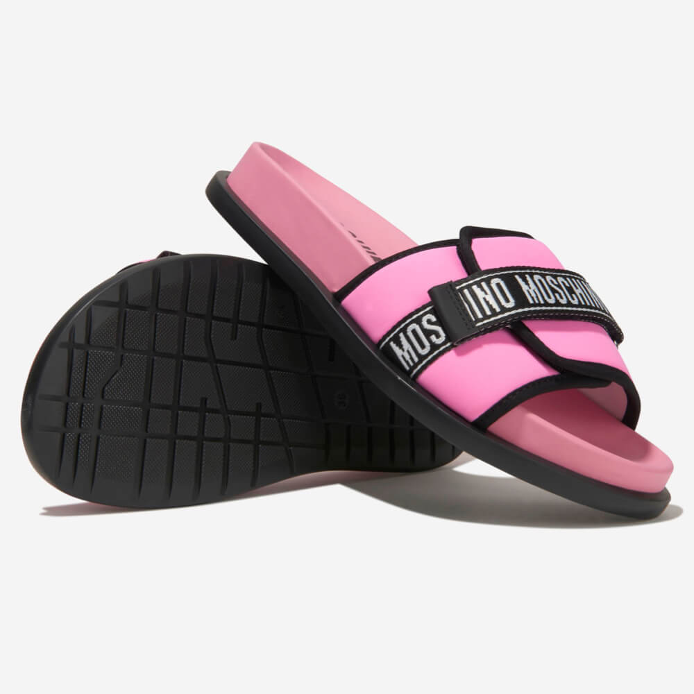 Moschino Unisex Pink, Black & White Print Sliders With Stripe Logo