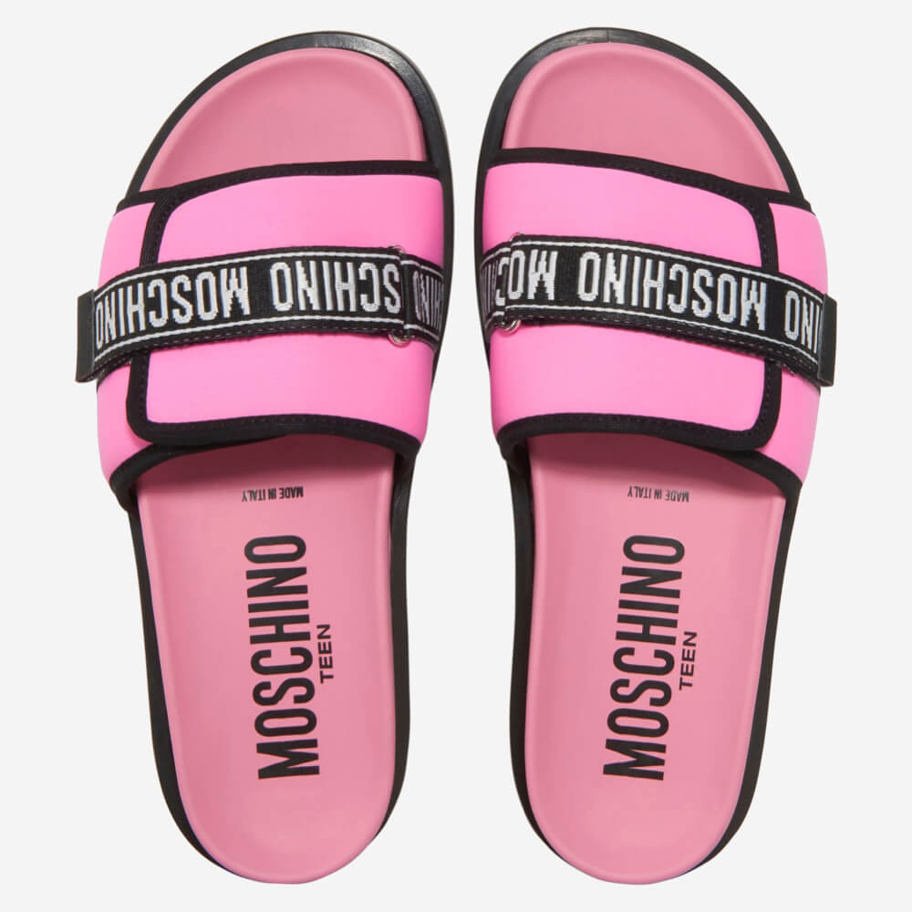 Moschino Unisex Pink, Black & White Print Sliders With Stripe Logo