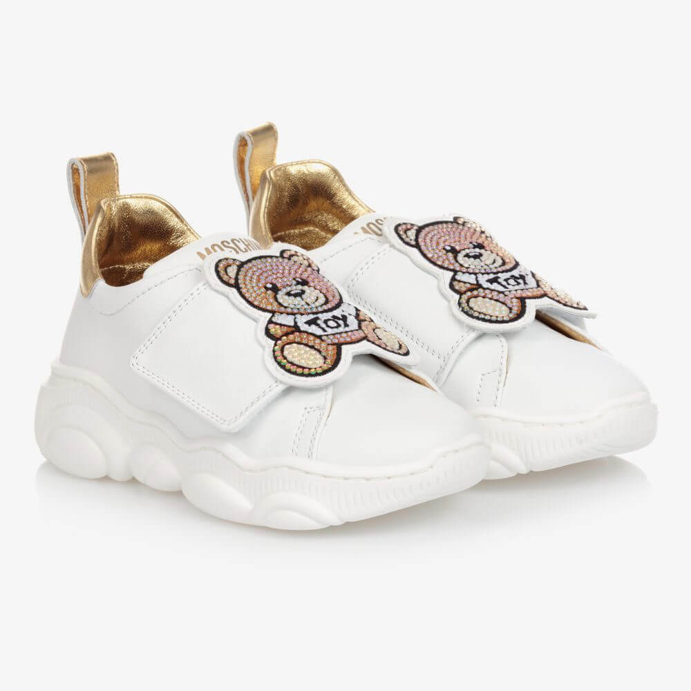 Moschino Unisex White & Gold Trainers With Teddy Bear Sole 