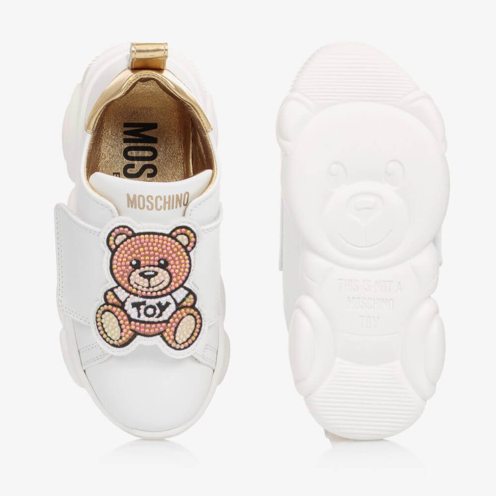 Moschino Unisex White & Gold Trainers With Teddy Bear Sole 