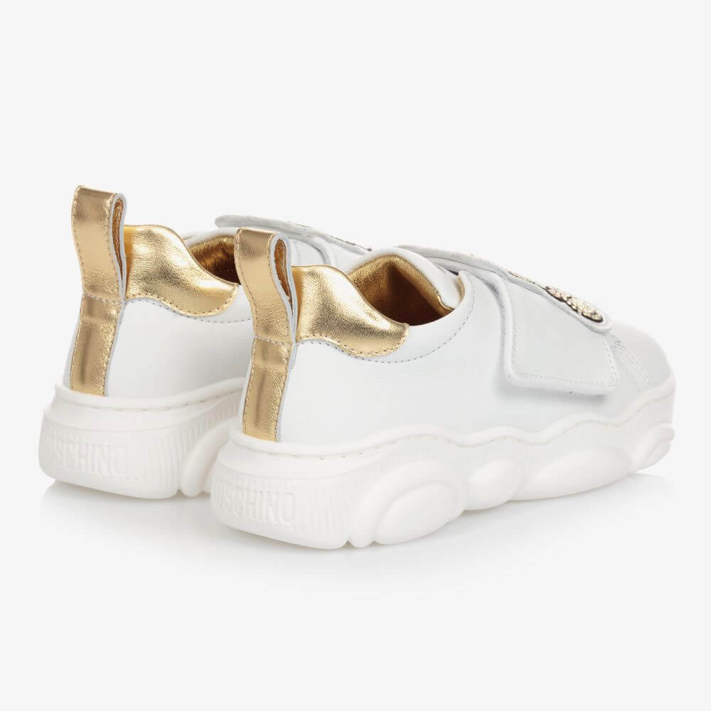 Moschino Unisex White & Gold Trainers With Teddy Bear Sole 