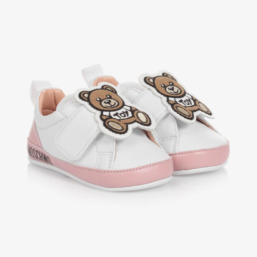 Moschino Unisex Pink & White Trainers Strap Fabric Teddy Bear Patch