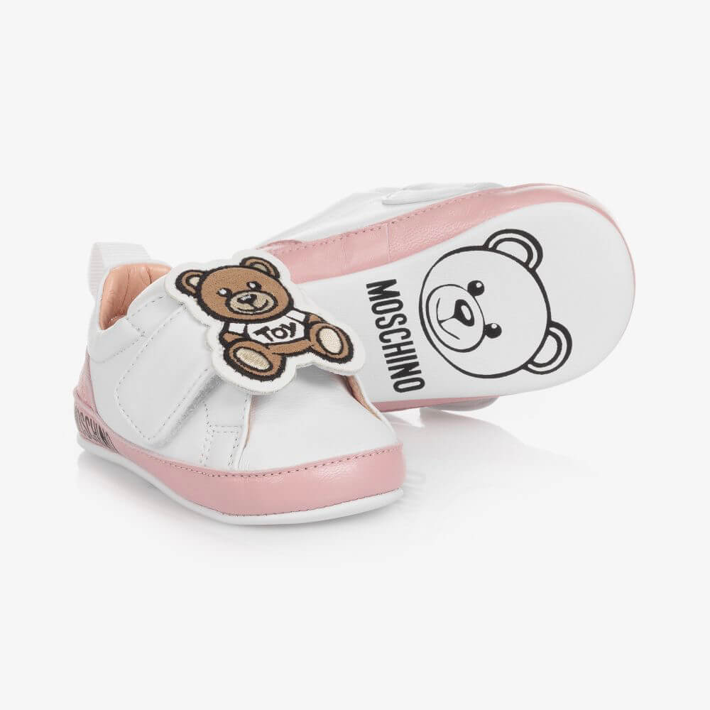 Moschino Unisex Pink & White Trainers Strap Fabric Teddy Bear Patch