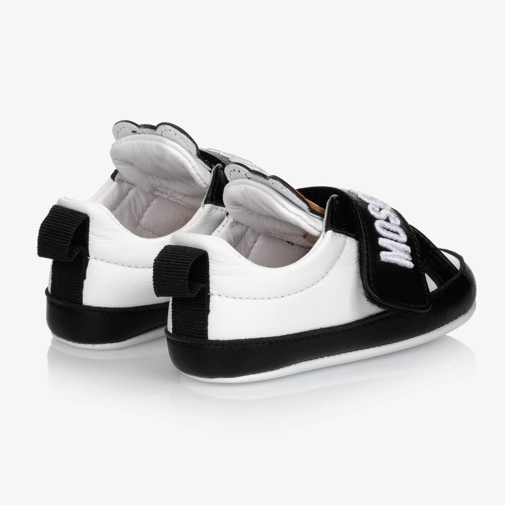 Moschino Unisex Black & White Trainers Strap Teddy Patch And Embroidered Logo