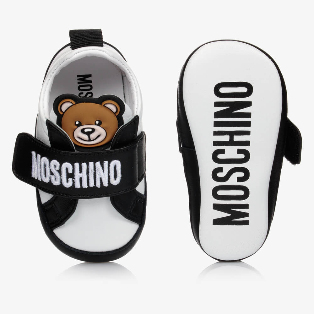 Moschino Unisex Black & White Trainers Strap Teddy Patch And Embroidered Logo
