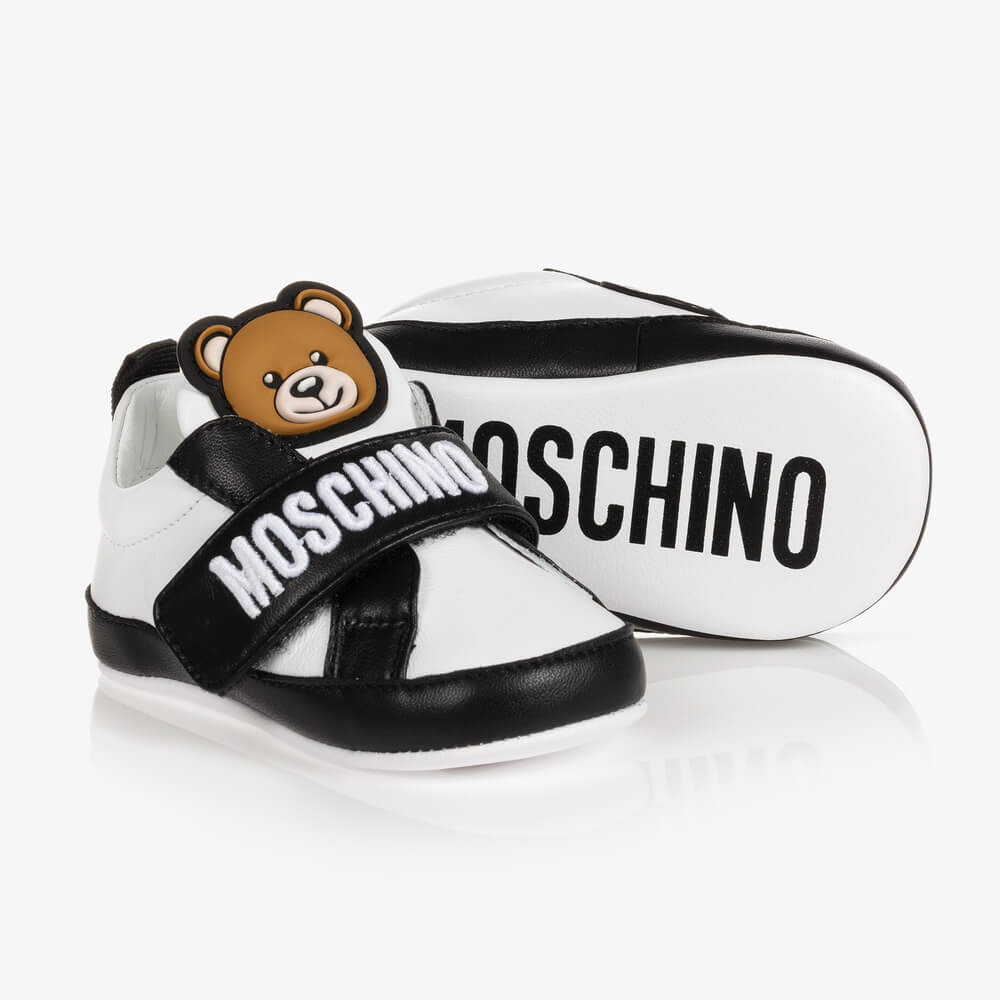 Moschino Unisex Black & White Trainers Strap Teddy Patch And Embroidered Logo