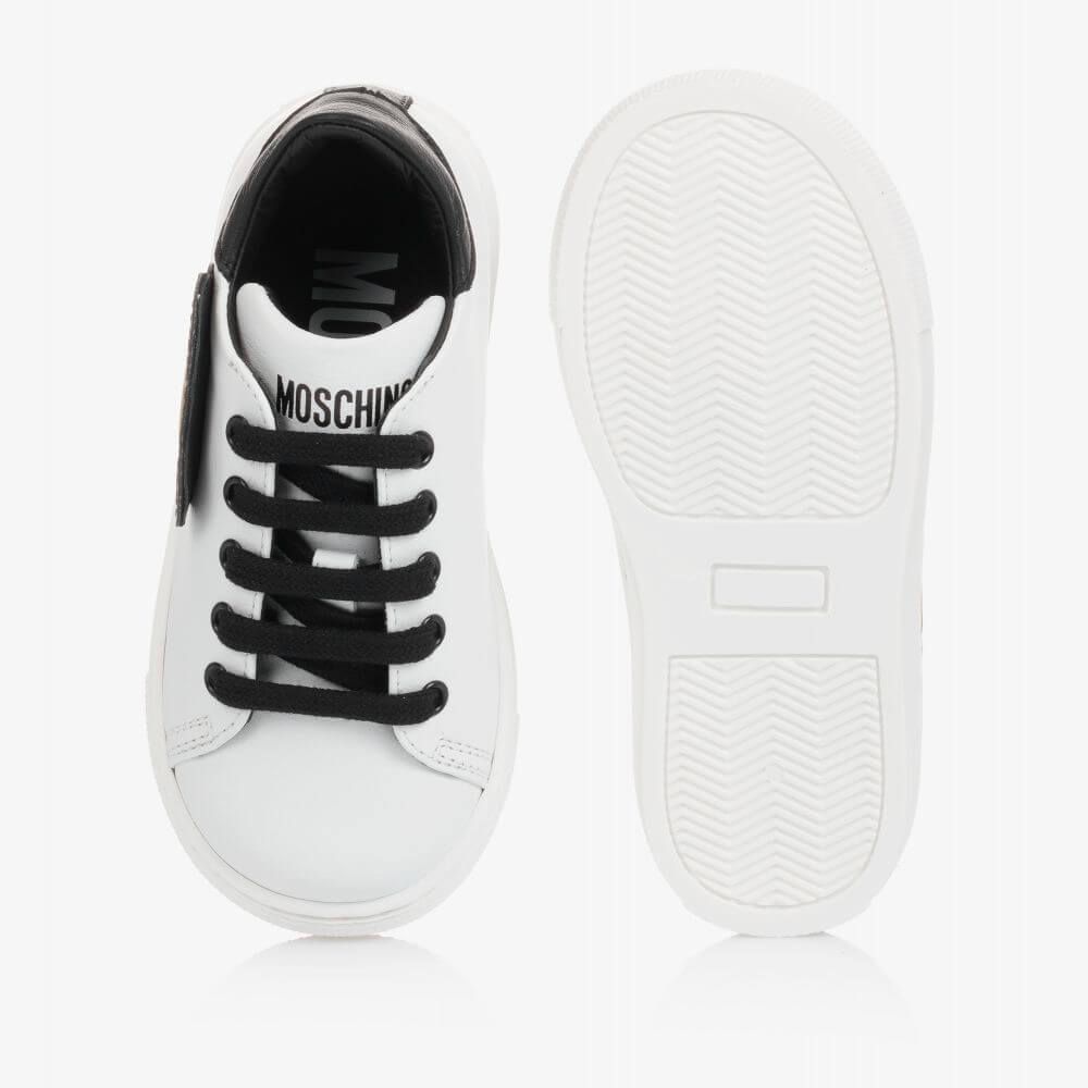 Moschino Unisex White & Black Box Sole Lace Trainers (With Teddy Bear Patch)